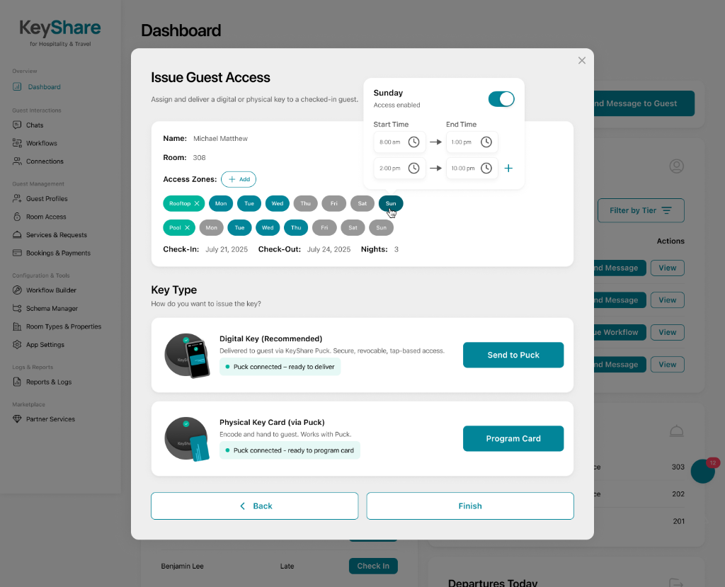 KeyShare GEP Dashboard — Issue Guest Access modal showing digital key delivery and access zone management