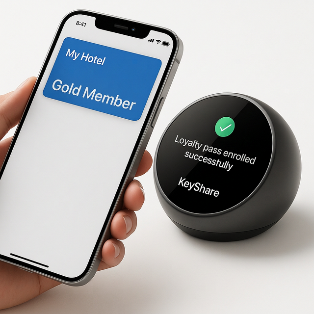 KeyShare Puck showing loyalty pass enrolled successfully with phone displaying Gold Member wallet pass